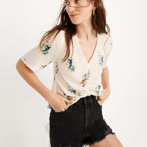 Madewell Silk Runched Shirred-Front V-Neck Short Sleeves Classic Corsage Top